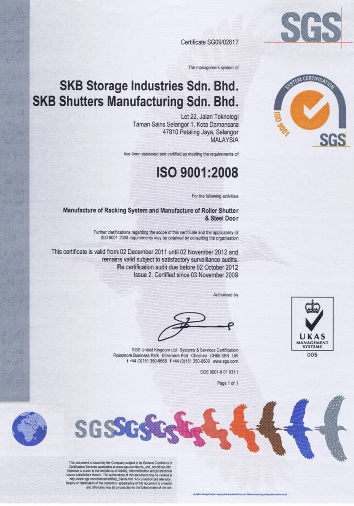 ISO SG 09-2617 UKAS Valid 2-11-2012 Shutter & Rack & Door ISO SG 09-2617 UKAS Valid 2-11-2012 Shutter & Rack & Door